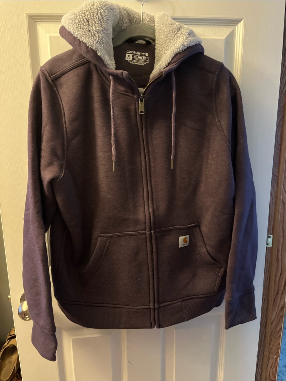 Carhartt Zip Hooded Sweatshirt in Deep Plum with Gray Sherpa Lining